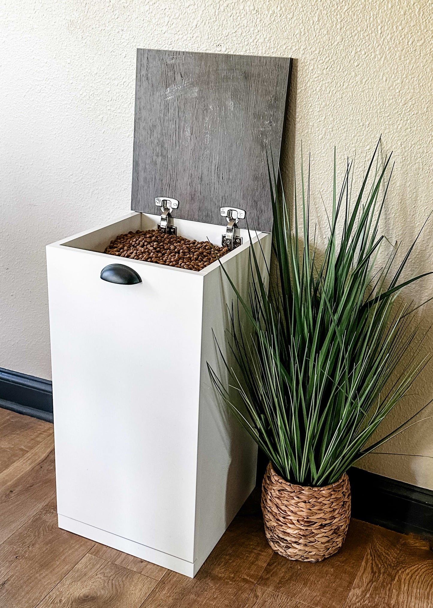 Single Minimalist Style Pet Food Storage in White with Brown Washable Wood Look Top