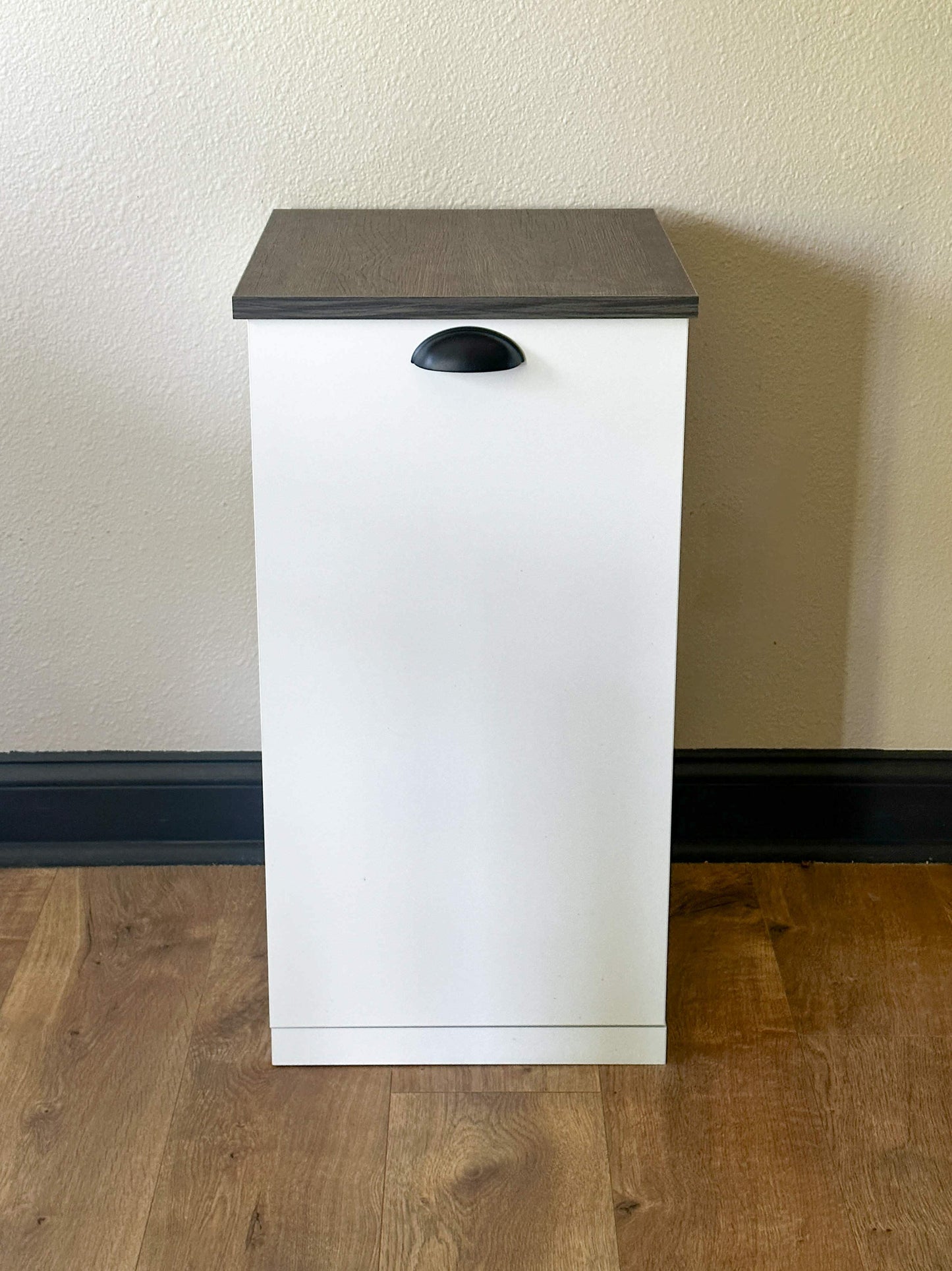 Single Minimalist Style Pet Food Storage in White with Brown Washable Wood Look Top