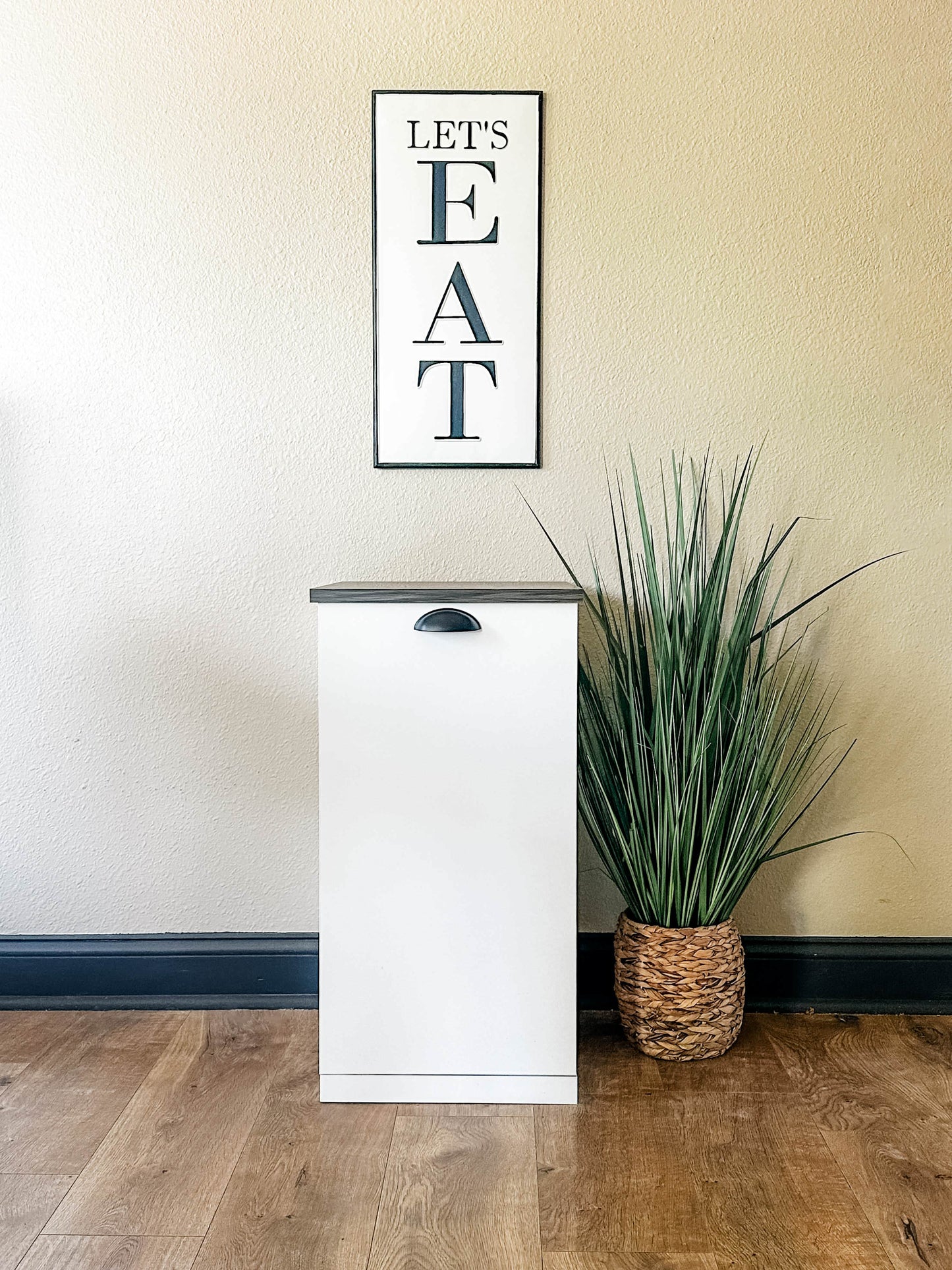 Single Minimalist Style Pet Food Storage in White with Brown Washable Wood Look Top