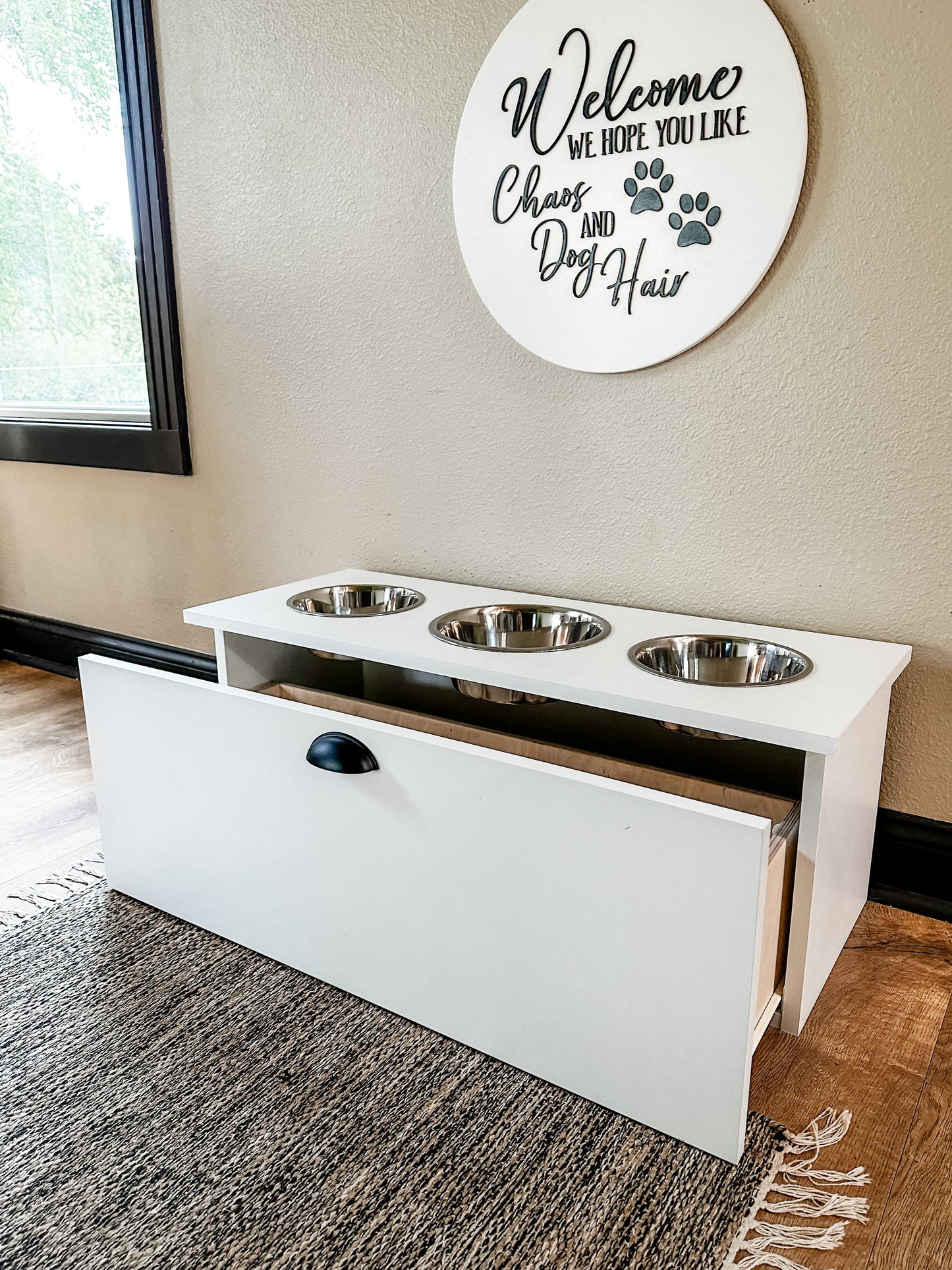 Minimalist Three Bowl Large Size Stained Top Elevated Dog Feeder in White 21"