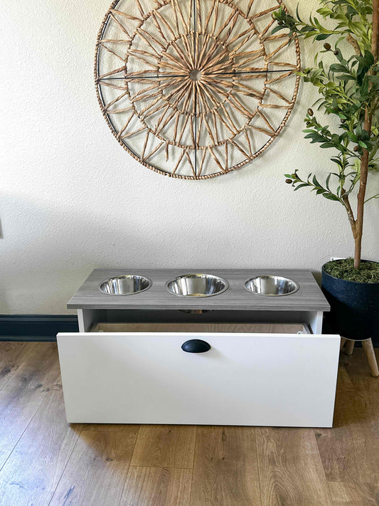 Minimalist Three Bowl Large Size Stained Top Elevated Dog Feeder in White with Barnwood Look Top 21"