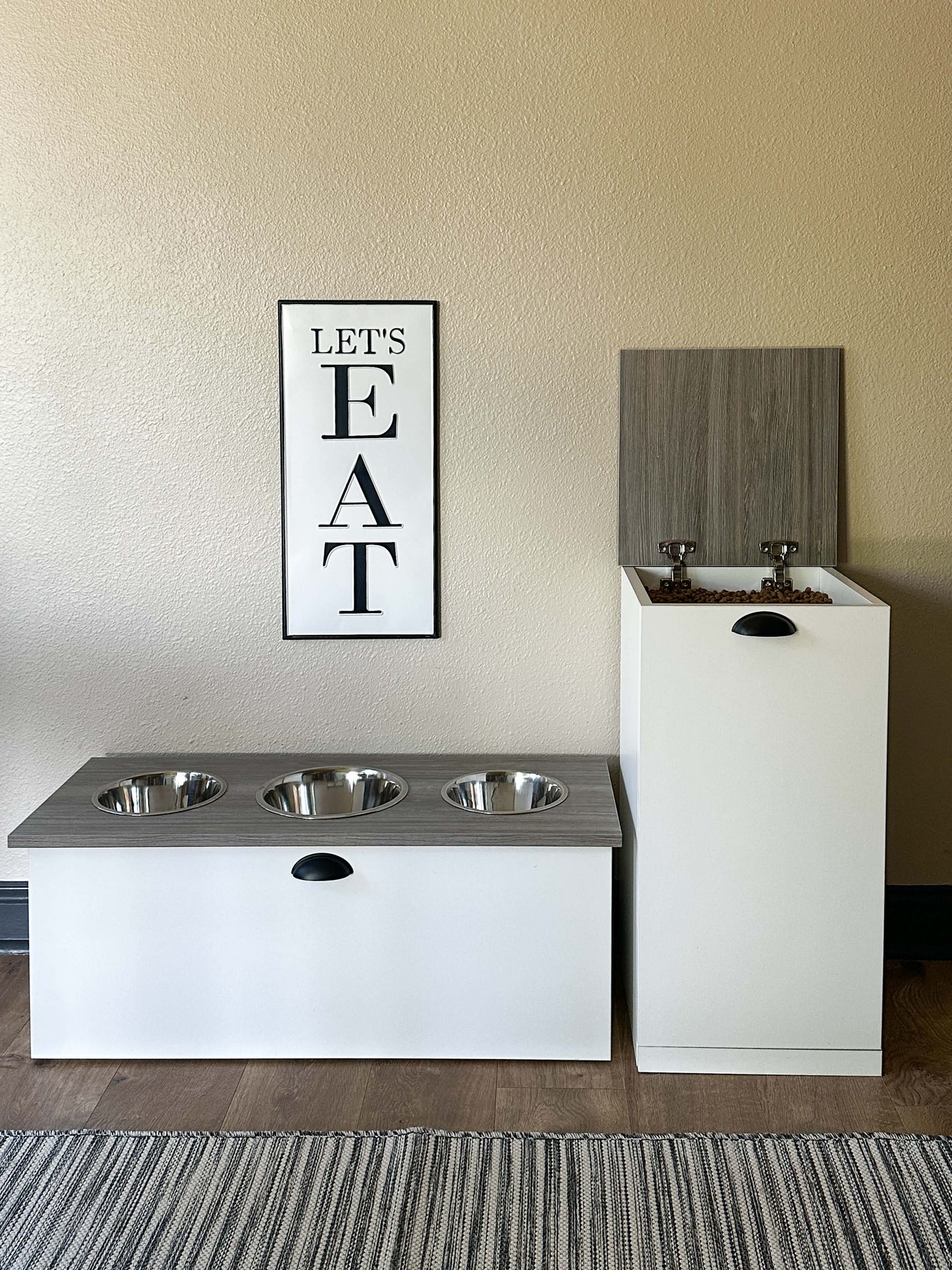 Minimalist Three Bowl Medium Size Elevated Dog Feeder in White with Barnwood Washable Wood Look Top 10"