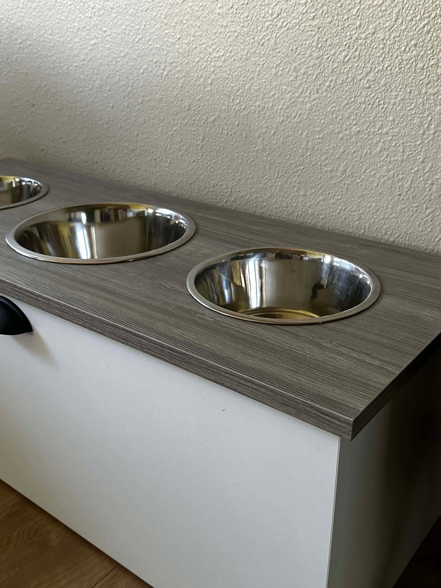 Minimalist Three Bowl Large Size Stained Top Elevated Dog Feeder in White with Barnwood Look Top 14"